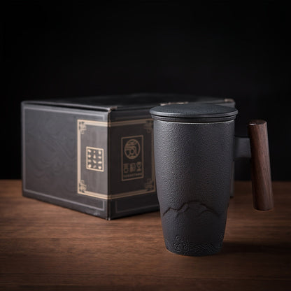 BowLift | TeaCraft Ceramic Mug | Handmade | With Tea Infuser & Wooden Handle | Retro Design