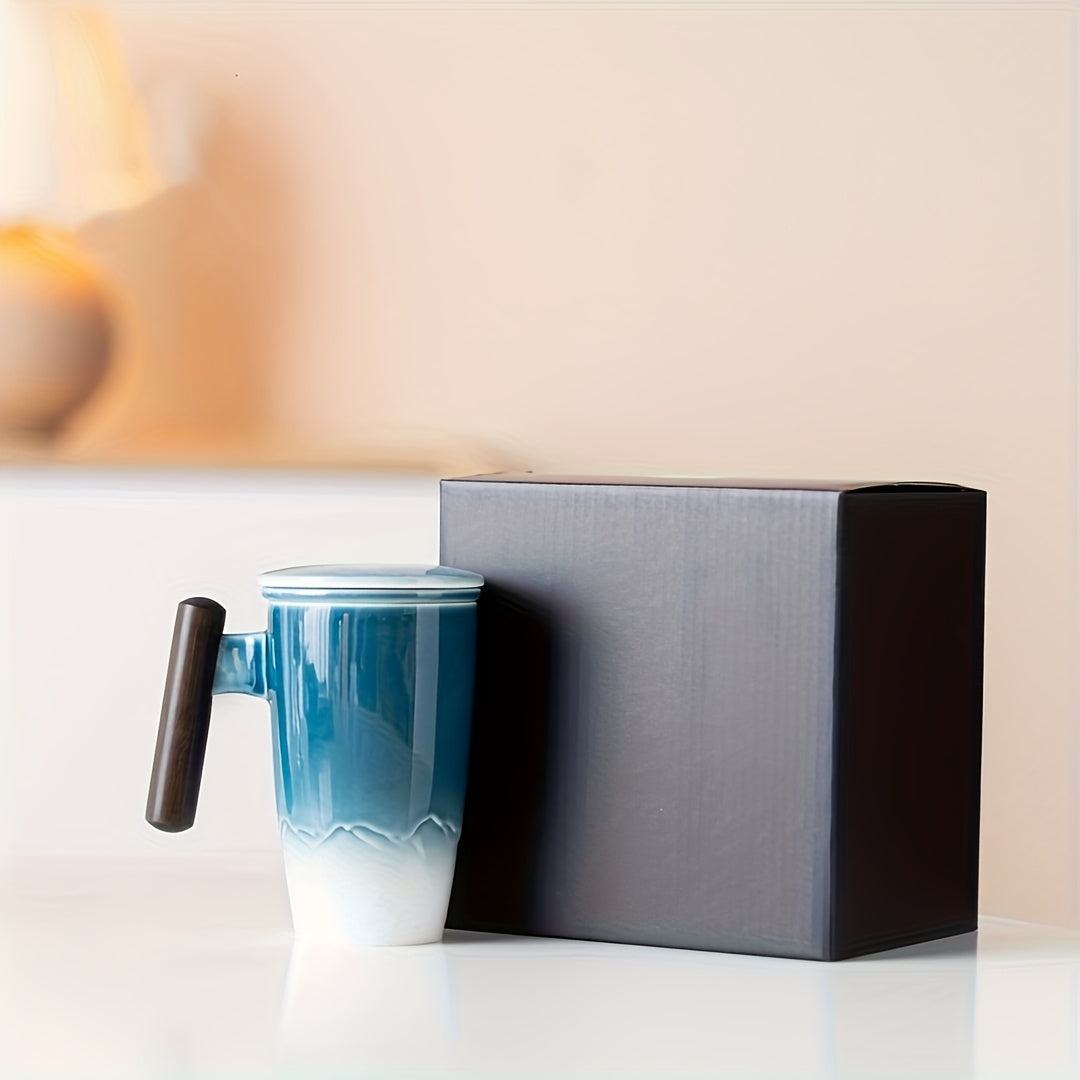 BowLift | TeaCraft Ceramic Mug | Handmade | With Tea Infuser & Wooden Handle | Retro Design