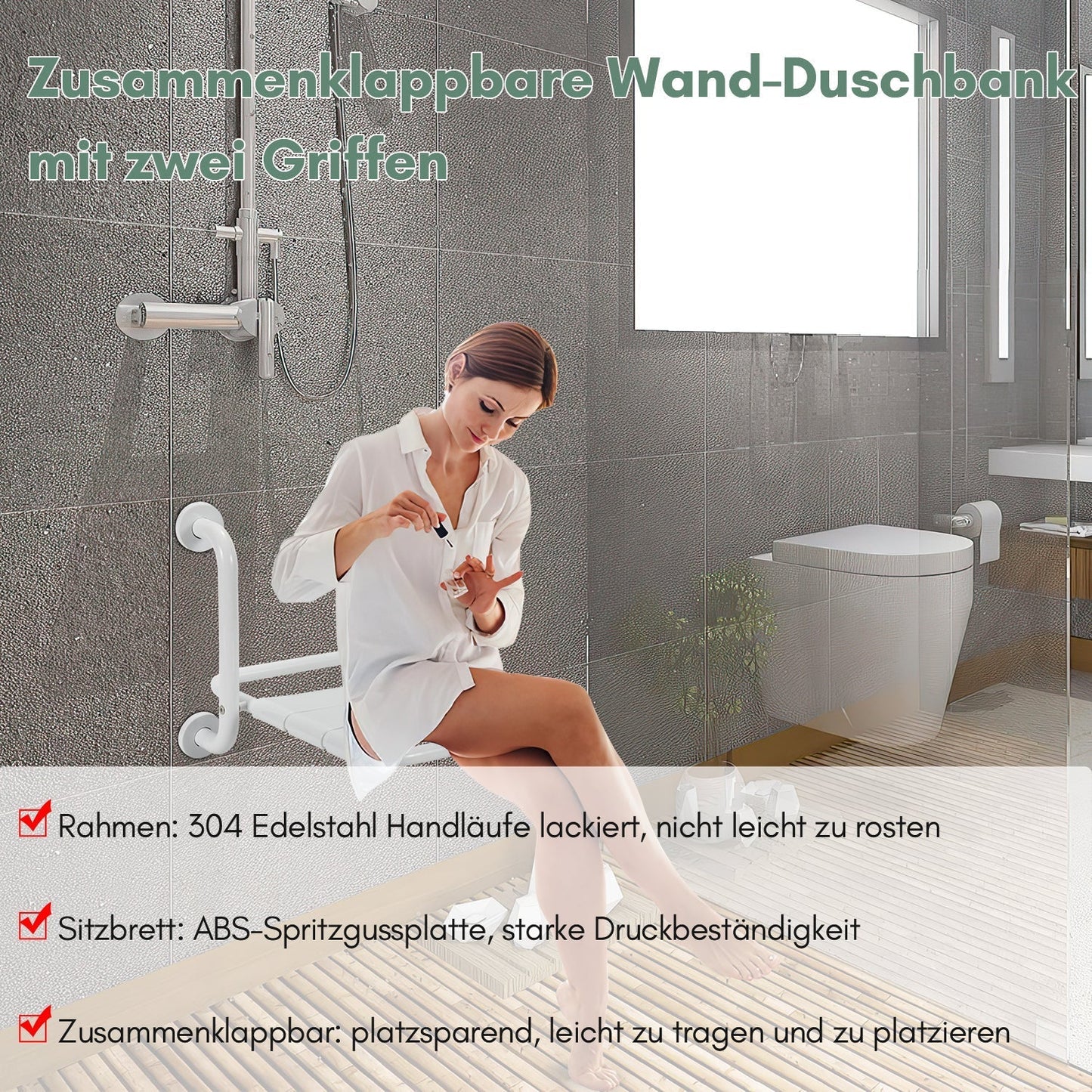 Foldable Shower Seat with Armrests Wall Mount | Karnz