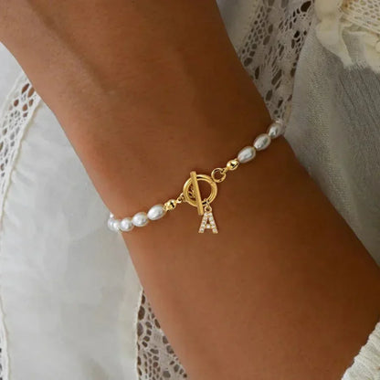 Karnz | Classic Pearl Clasp Letter Initial Bracelets