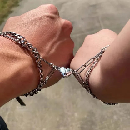 BowLift | Couples Magnetic Heart Cuban & Paperclip Chain Bracelet Set