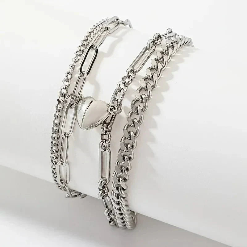 Karnz | Pair Magnetic Heart Cuban & Paperclip Chain Bracelet Set