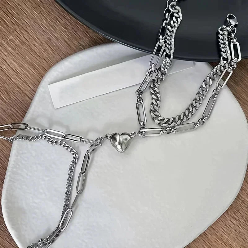 BowLift | Couples Magnetic Heart Cuban & Paperclip Chain Bracelet Set