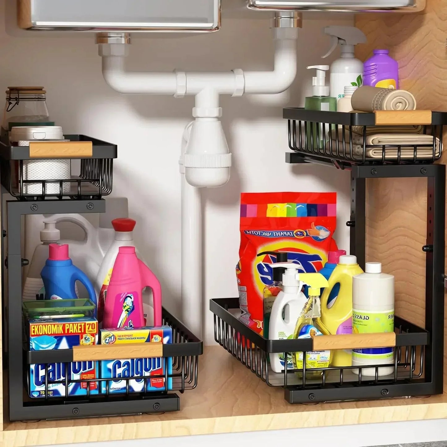 Skanto | Curcura – Heavy-Duty Adjustable Steel Cart for Under the Sink for Kitchen and Bathroom