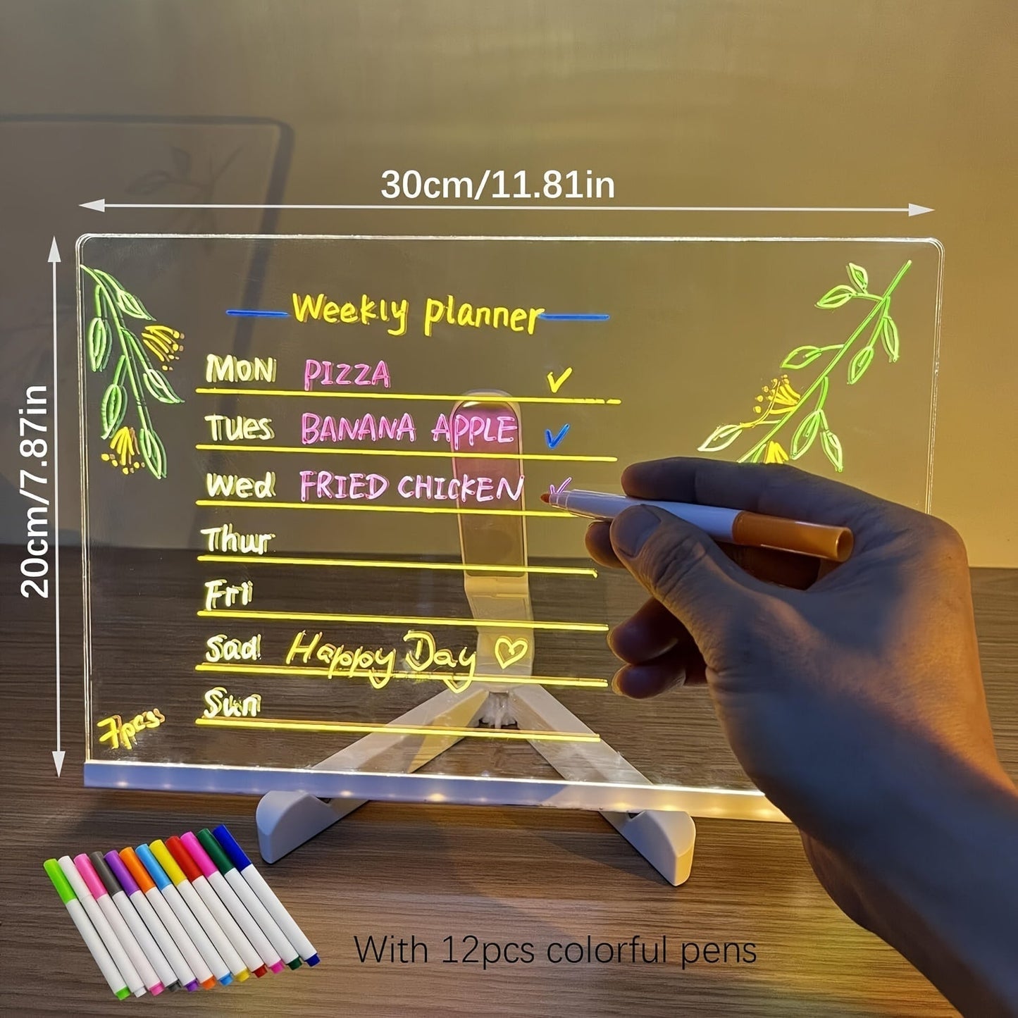 Skanto | USB LED Notepad with 12 Colored Pens - Light Message Board for Office & Home