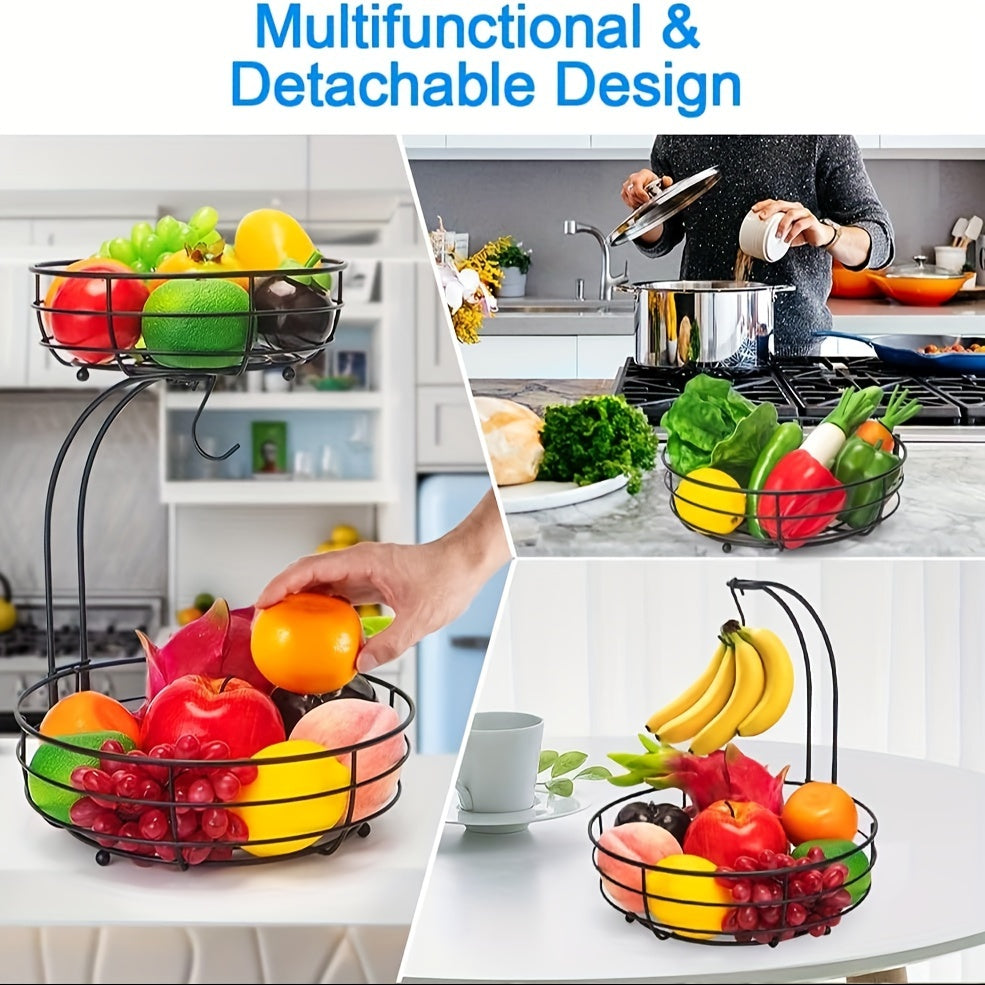 Skanto | 2-Tier Oval Fruit Basket with Banana Hanger – Metal Kitchen Organizer