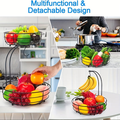Skanto | 2-Tier Oval Fruit Basket with Banana Hanger – Metal Kitchen Organizer