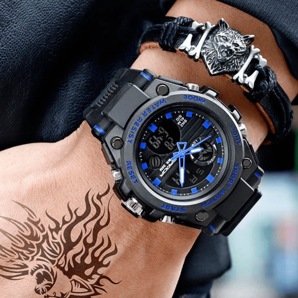 Sporty men's wristwatch with dual display mode, multifunctional, waterproof and luminous