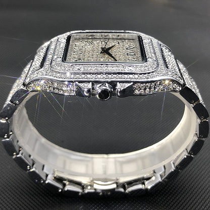 Karnz | MISSFOX Ice Out Square Men's Watch | 18K Gold Nano-Vacuum Plating | Swiss Quartz Movement | Fully Set with Lab Diamonds | Stainless Steel Case | Water Resistant 3 ATM