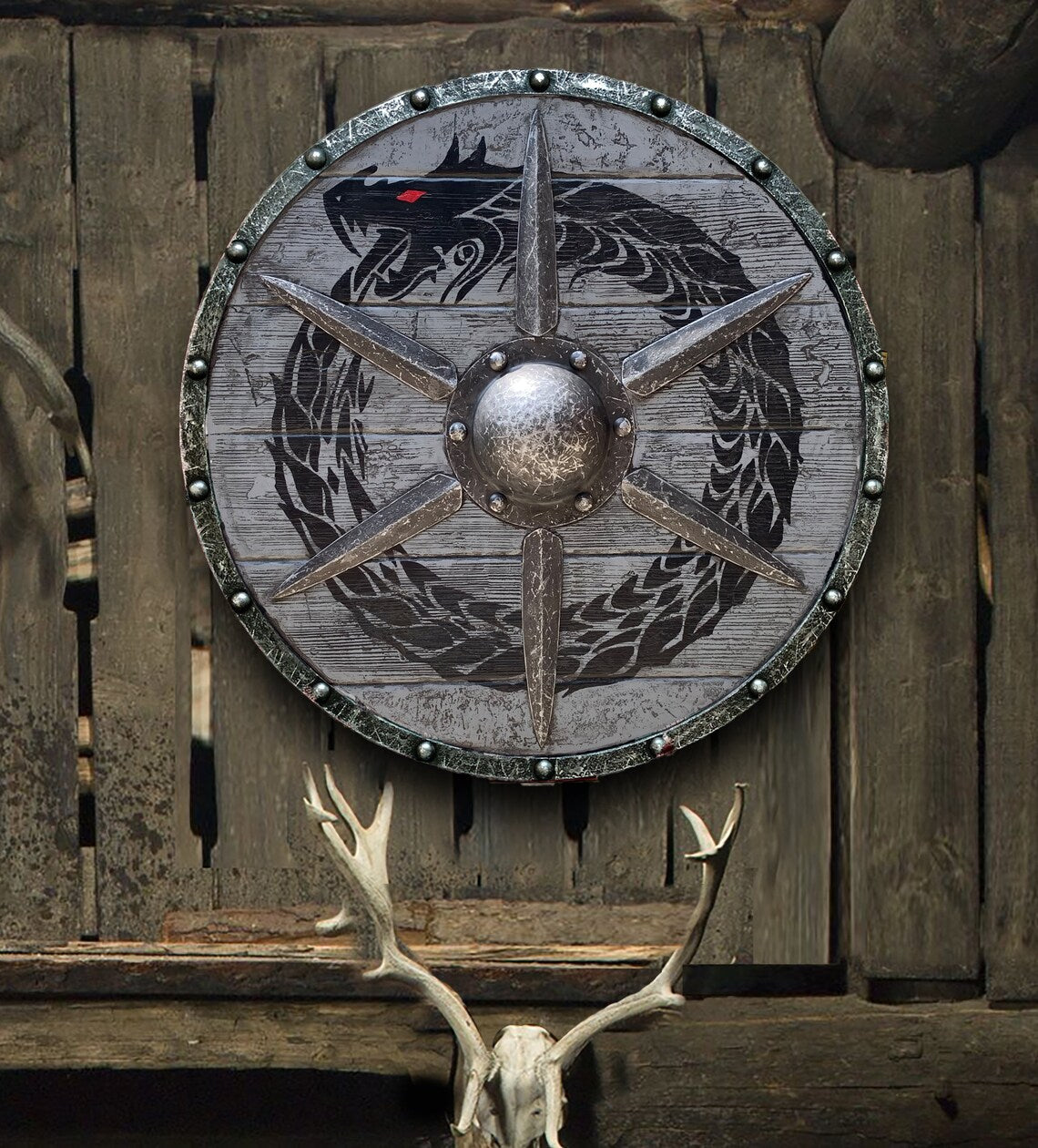 Skanto | Eivor Valhalla Raven Battle Damaged Viking Wood Shield 30CM