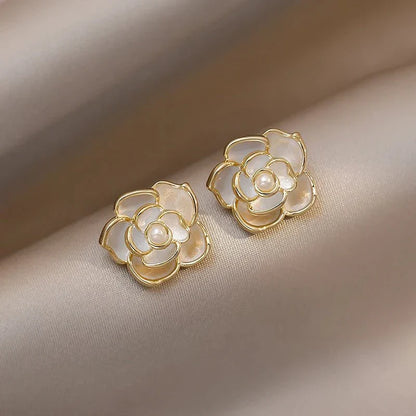 Skanto | Dainty Blanc Camellia Floral Necklace, Earrings, Ring Jewelry