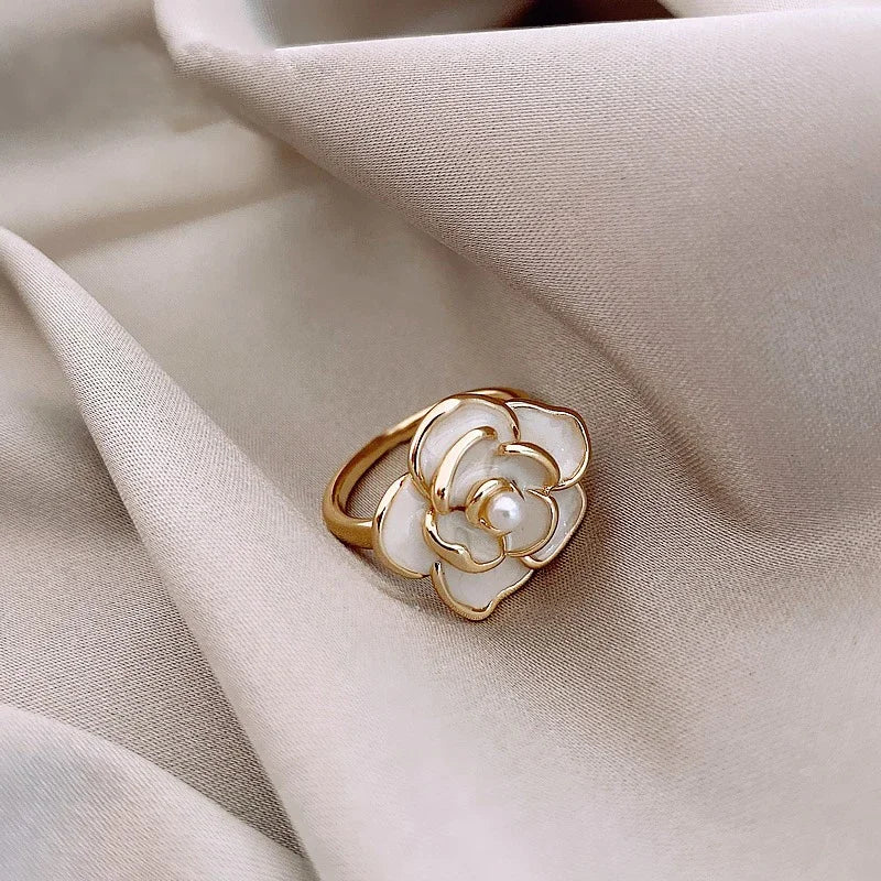 Skanto | Dainty White Camellia Floral Jewelry, Earrings, Ring