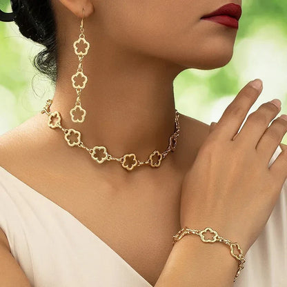 Brehn | Delicate Open Clover Choker Necklace, Bracelet, Earring Set