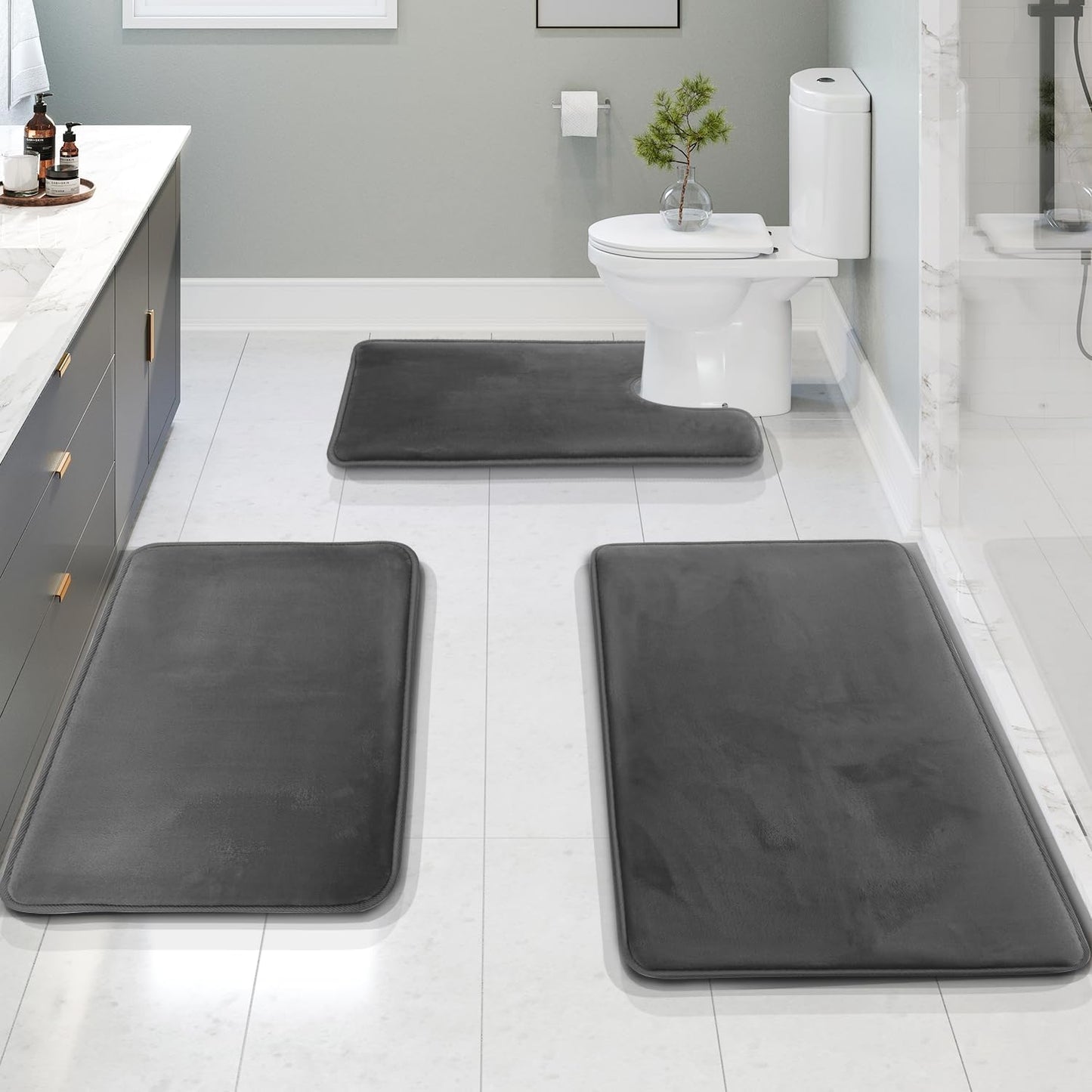 VelvaLuxe 3-piece Memory Foam Bath Mat Set – non-slip, absorbent and washable