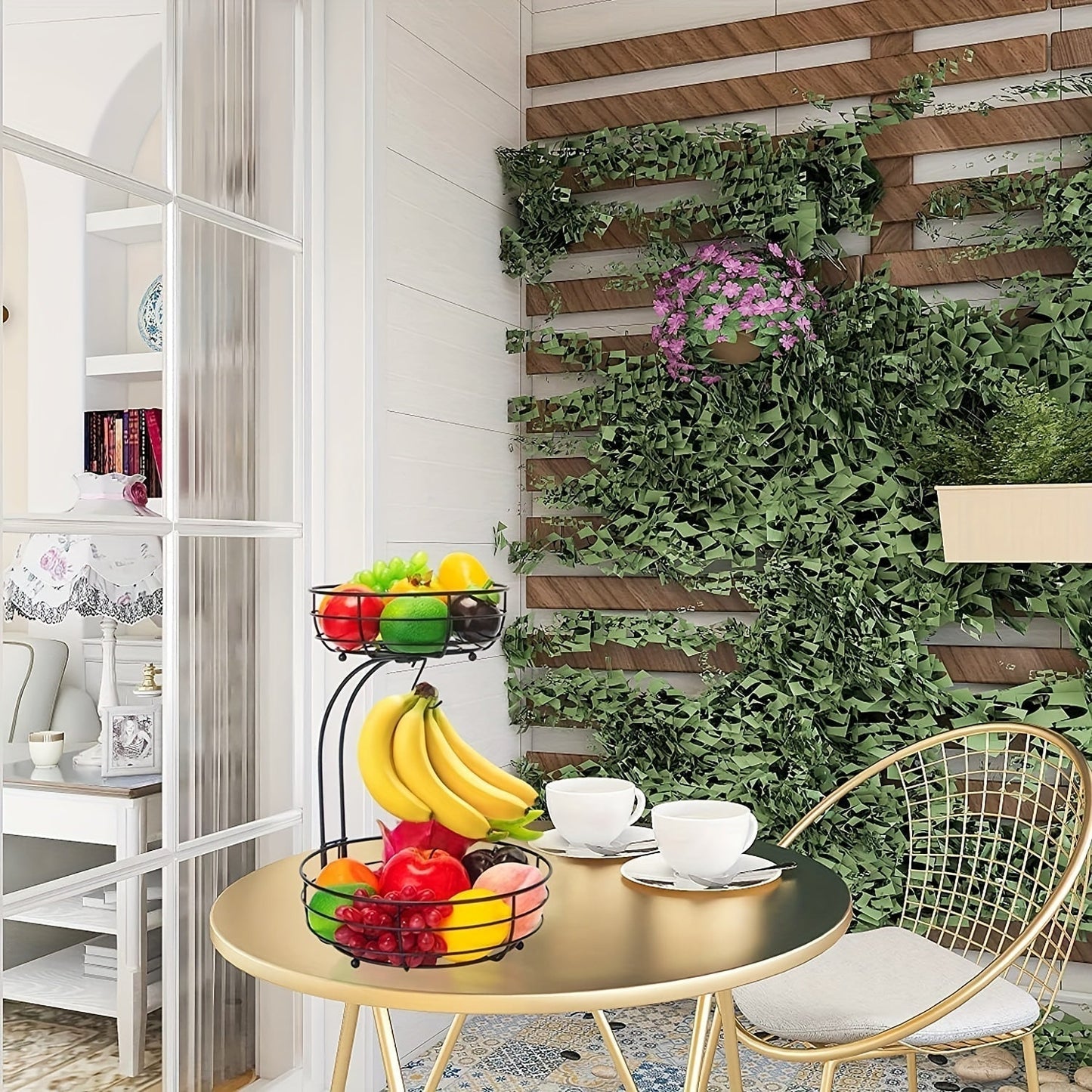 Skanto | 2-Tier Oval Fruit Basket with Banana Hanger – Metal Kitchen Organizer