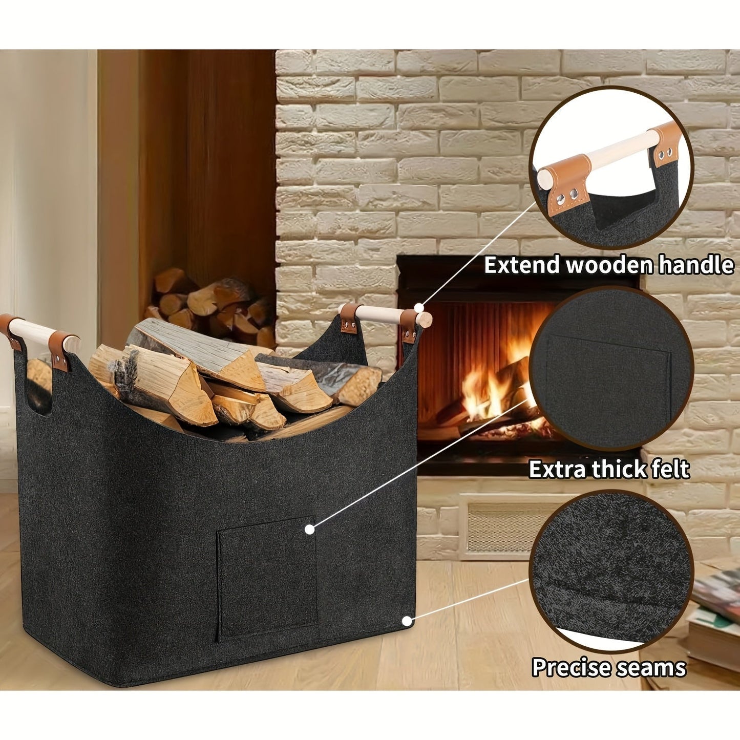 Skanto | Feldura Foldable Felt Firewood Basket 55 liter with Wooden Handles and Leather Details, Dark Grey
