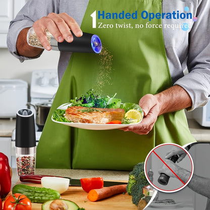 Skanto | Gravity Electric Salt and Pepper Grinder Set: Battery Operated with LED Light, One-Handed Automatic Operation, Adjustable Coarseness, Black - Kitchen Gadget Gift Idea
