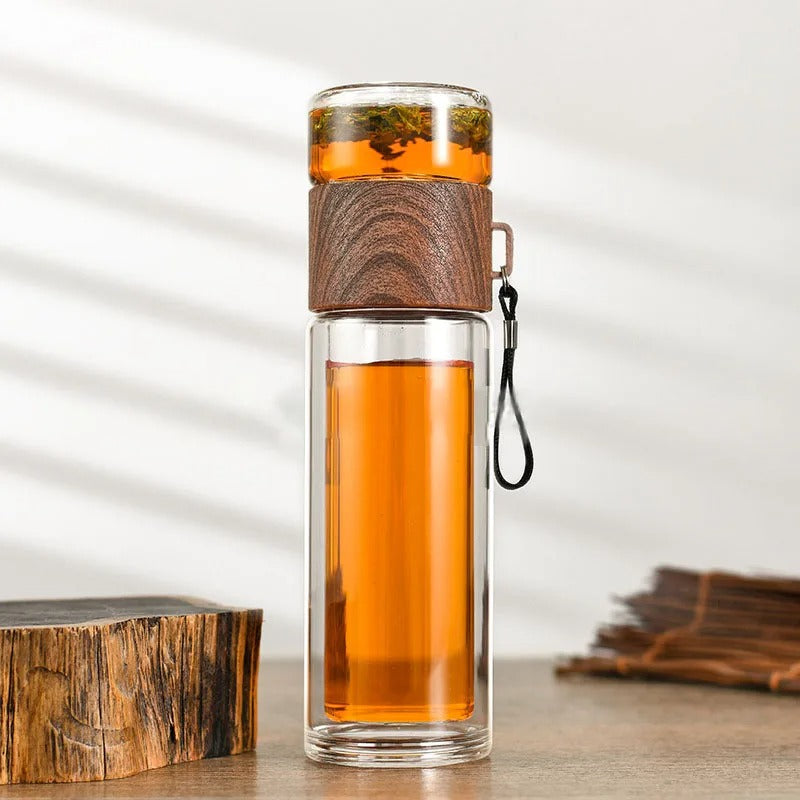 Skanto | Glass & Wood Double-Walled Tea Infuser Thermos Bottle – 500 ml – ClearTherm