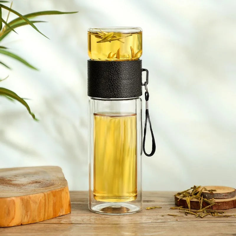 Skanto | Glass & Wood Double-Walled Tea Infuser Thermos Bottle – 500 ml – ClearTherm