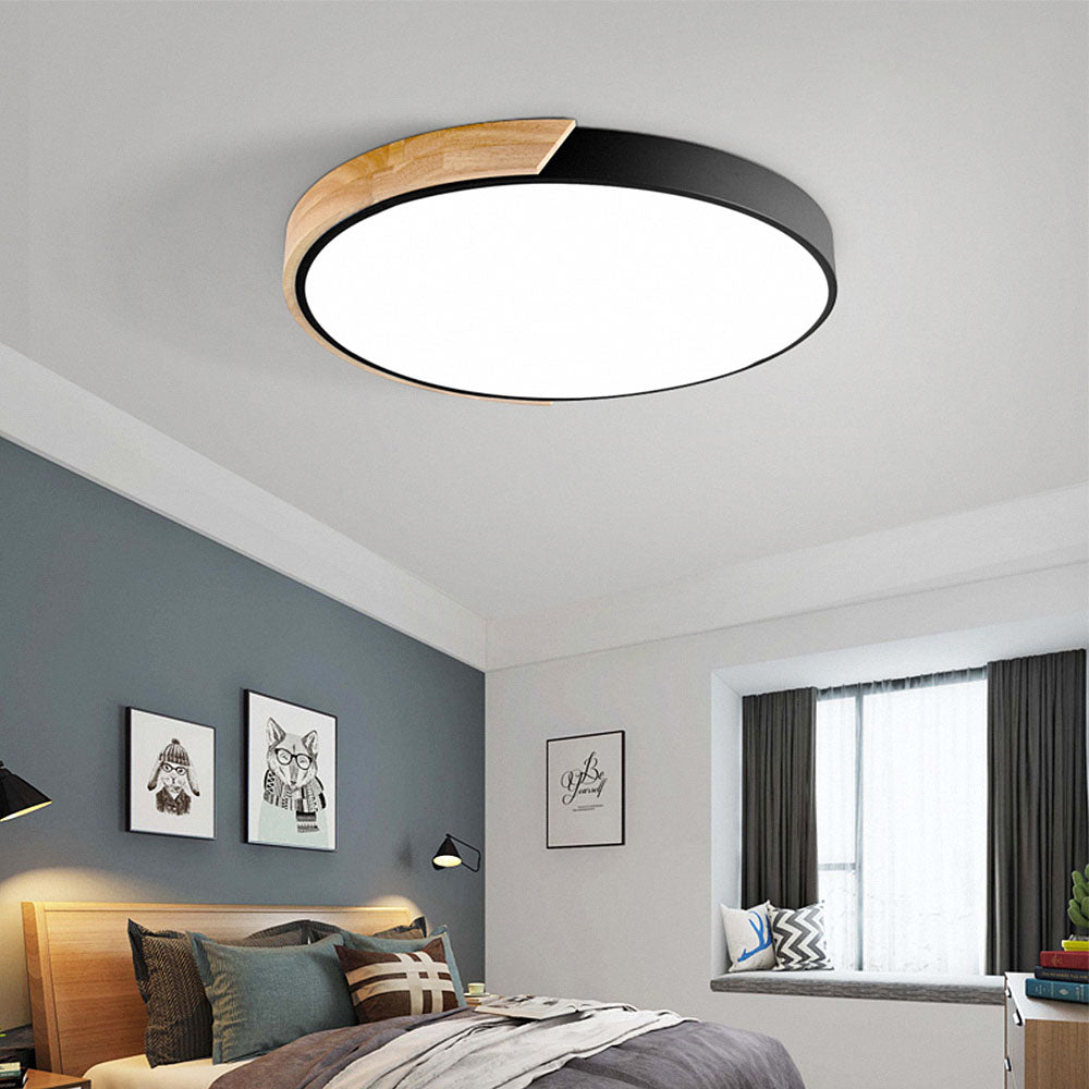 Minimalist Round LED Ceiling Lamp with Wood Decor – Modern Design, Dimmable | Skanto
