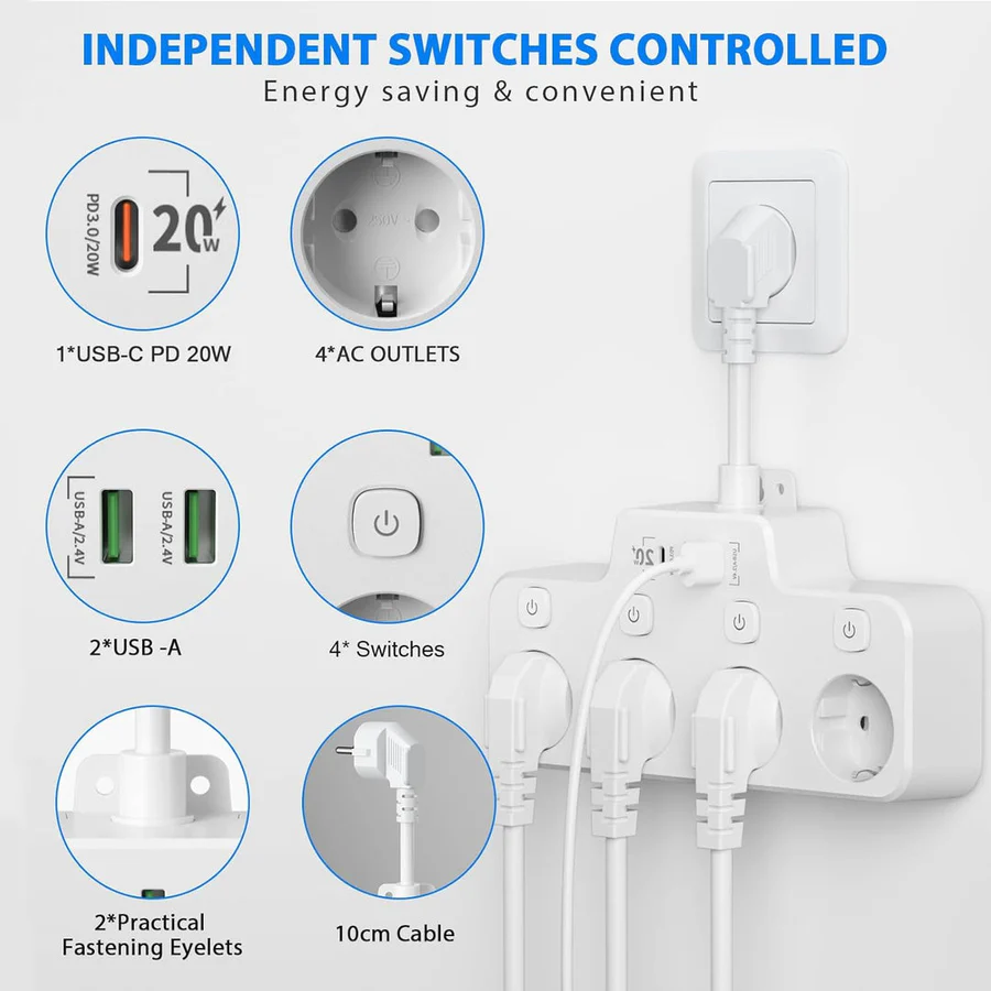 Skanto | Wall-Mounted Power Strip with Individual Switches 2 USB A and 1 USB C