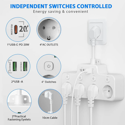 Skanto | Wall-Mounted Power Strip with Individual Switches 2 USB A and 1 USB C