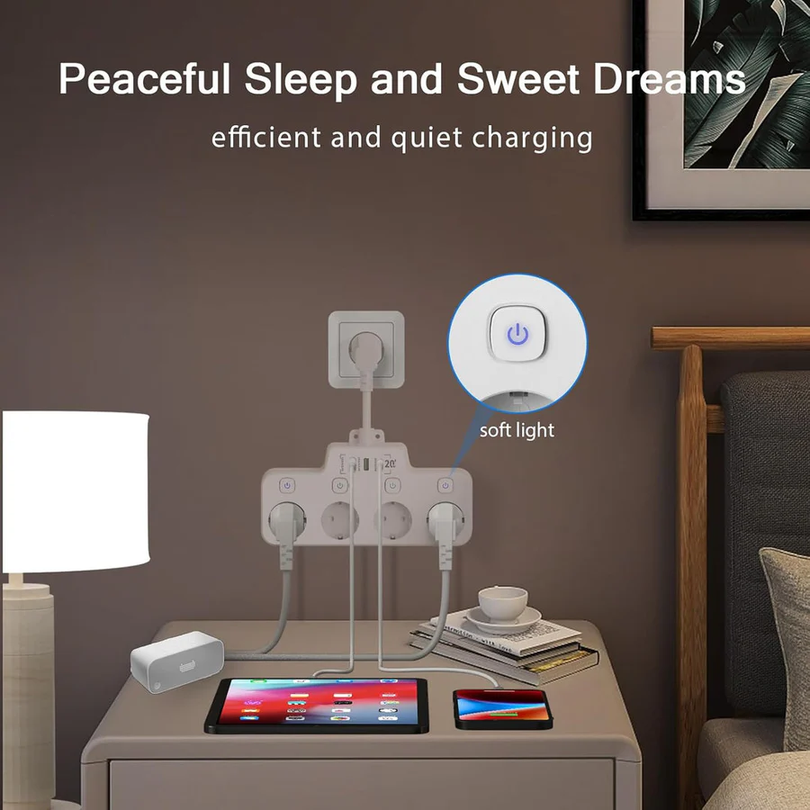 Skanto | Wall-Mounted Power Strip with Individual Switches 2 USB A and 1 USB C
