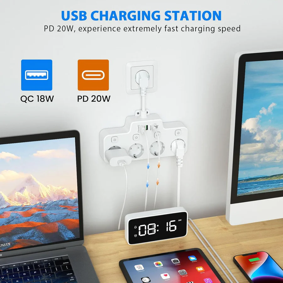 Skanto | Wall-Mounted Power Strip with Individual Switches 2 USB A and 1 USB C