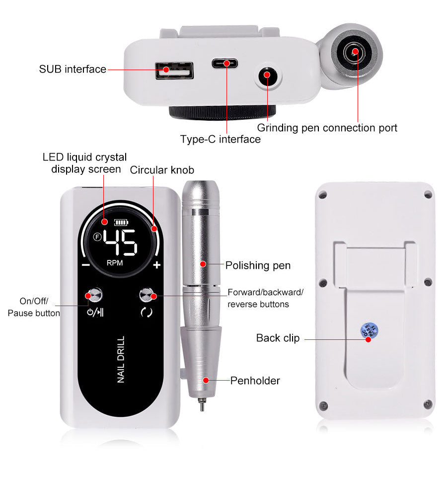 Skanto | Professional 45000RPM Portable Electric Nail File with Rechargeable Battery | Low Noise for Manicures