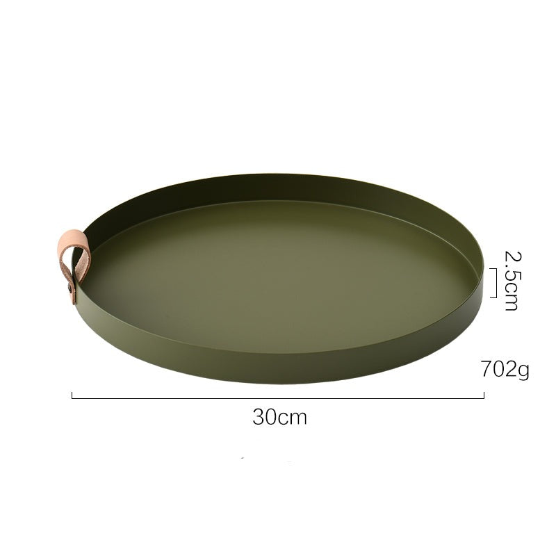Skanto | Nordic Style Leather Handle Wrought Iron Round Dish Plate Color Storage Plate Water Glass Plate Home Decoration