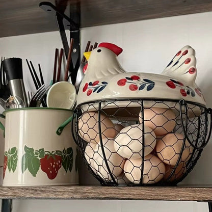 BowLift | Ceramic Egg Holder Chicken with Wire Basket
