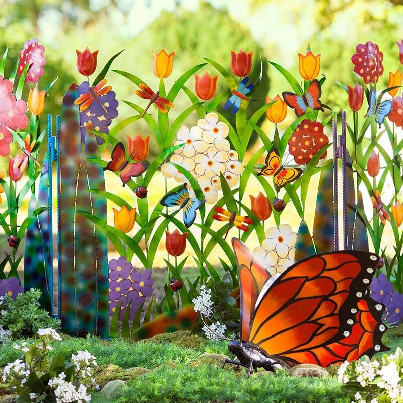 Colorful Metal Butterfly and Flowers Garden Privacy Screen | Brehn