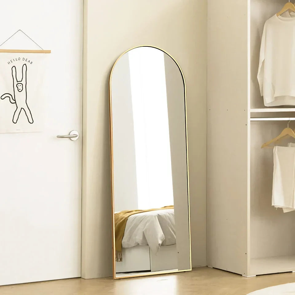 Skanto | 18" x 58" Arched Full Length Mirror with Stand – Elegant Gold Design