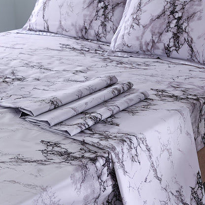 Skanto | 4-Piece Marble Brushed Sheet Set – Soft & Breathable Stone Pattern Bedding (1 Flat Sheet, 1 Fitted Sheet, 2 Pillowcases) for Bedroom & Guest Room
