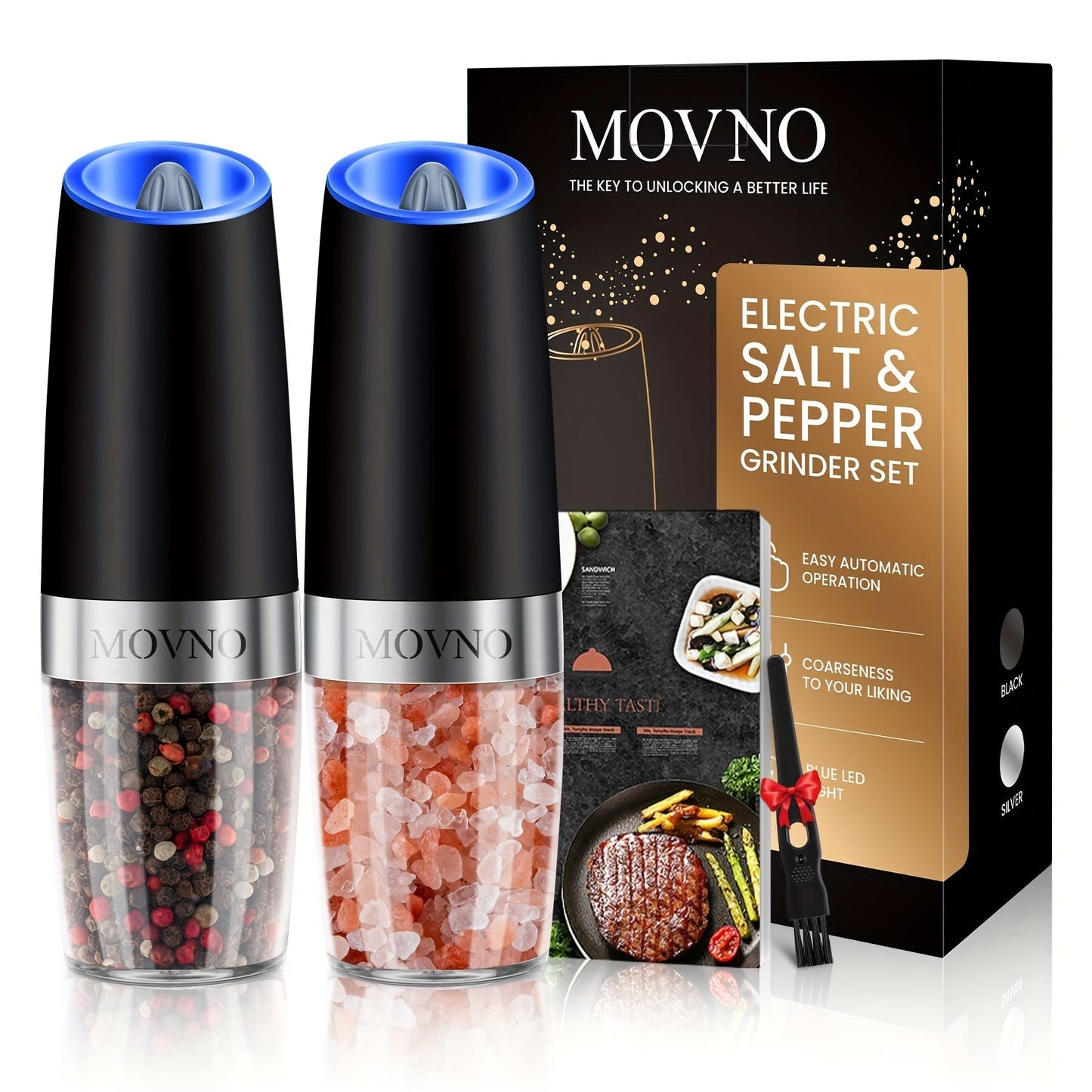 Skanto | Gravity Electric Salt and Pepper Grinder Set: Battery Operated with LED Light, One-Handed Automatic Operation, Adjustable Coarseness, Black - Kitchen Gadget Gift Idea