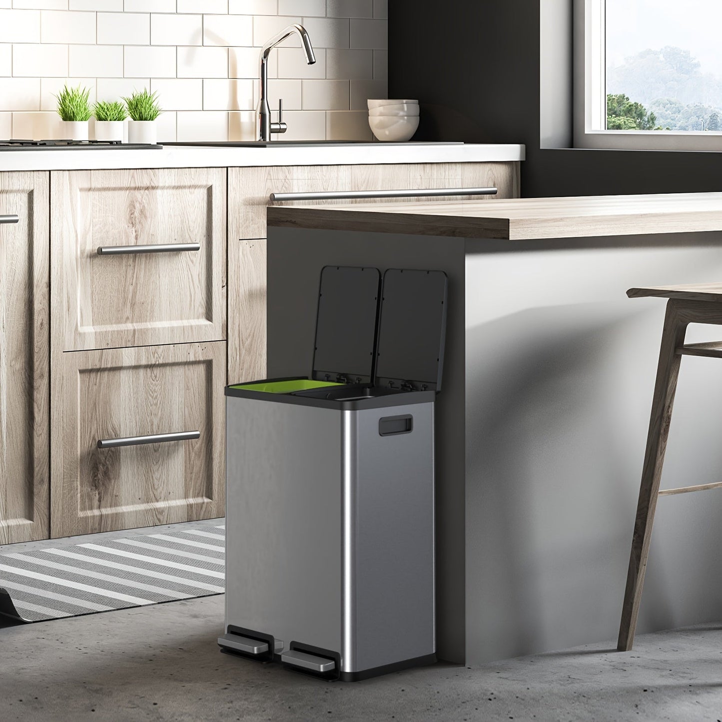 Skanto | JHK 15.85-Gal Large Capacity Silver Kitchen Bin - Modern Design, Dual Compartment Recycling, Closed Lid