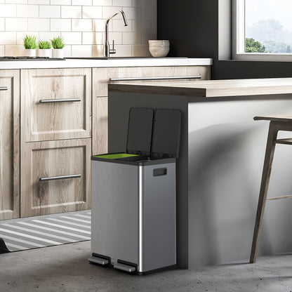 Skanto | JHK 15.85-Gal Large Capacity Silver Kitchen Bin - Modern Design, Dual Compartment Recycling, Closed Lid