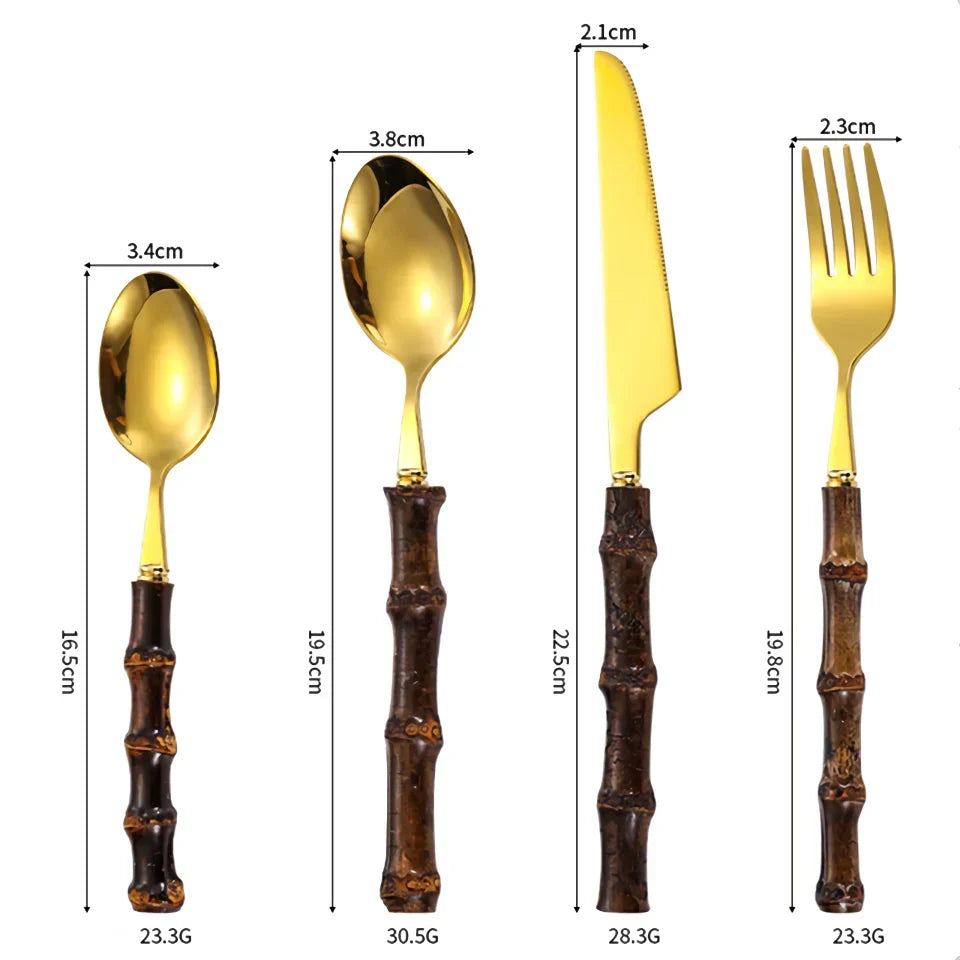 BowLift | Black Bamboo Dinnerware Set - Upscale Stainless Steel Fork and Spoon Tableware