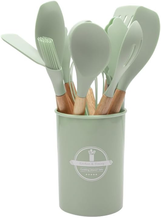 Skanto | Silicone Kitchen Utensil Set | Nonstick Safe | Wooden Handle | Heat Resistant