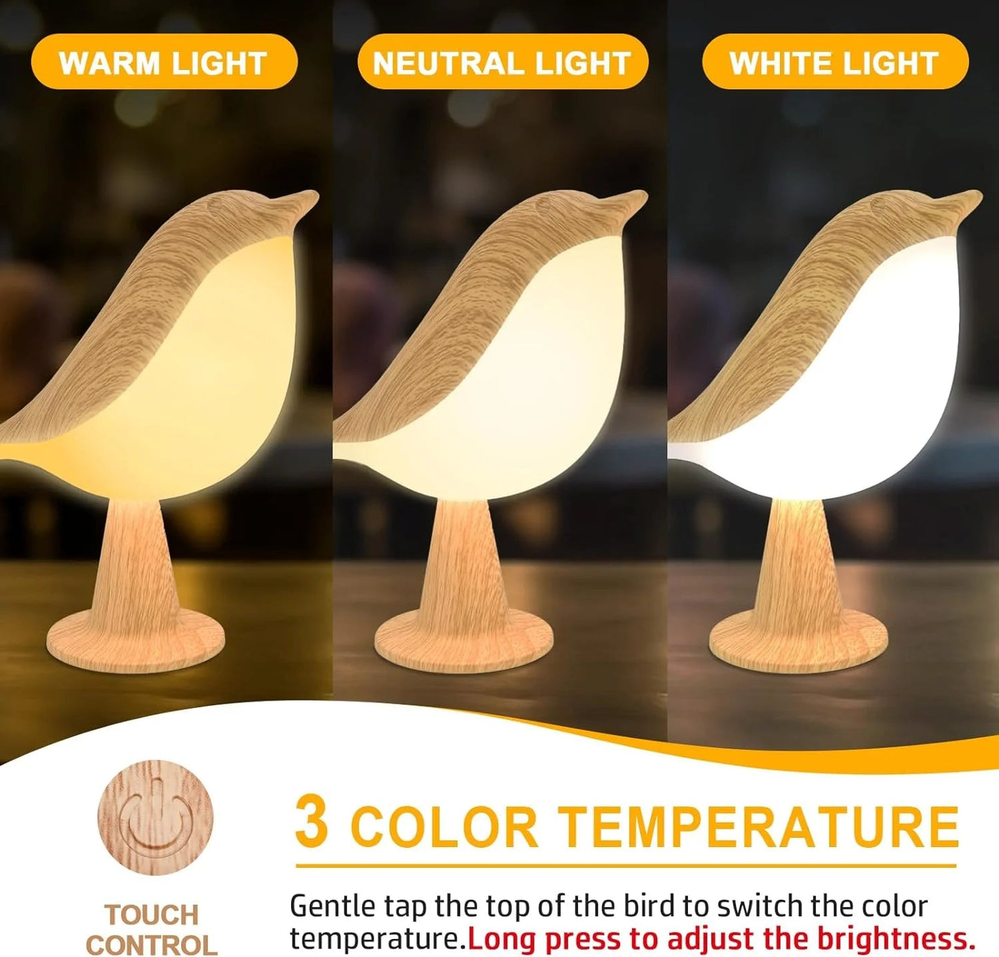 Skanto | Touch-Controlled Wooden Bird Night Light - Rechargeable LED Bedside Lamp