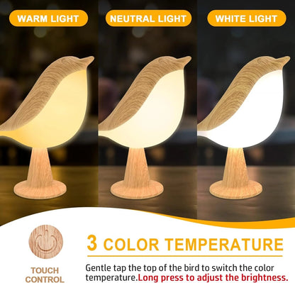 Skanto | Touch-Controlled Wooden Bird Night Light - Rechargeable LED Bedside Lamp