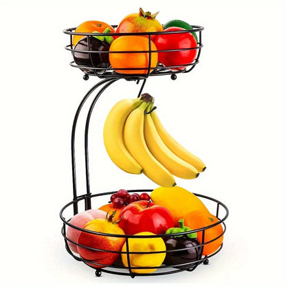 Skanto | 2-Tier Oval Fruit Basket with Banana Hanger – Metal Kitchen Organizer