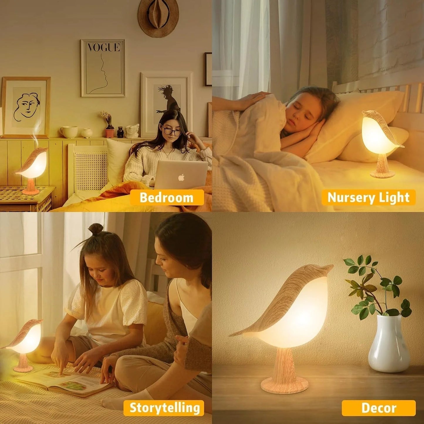 Skanto | Touch-Controlled Wooden Bird Night Light - Rechargeable LED Bedside Lamp