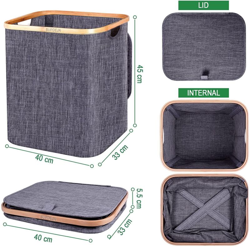 Skanto | Basket with Lid 60L, Laundry Basket with Bamboo Handle and Lid, Foldable