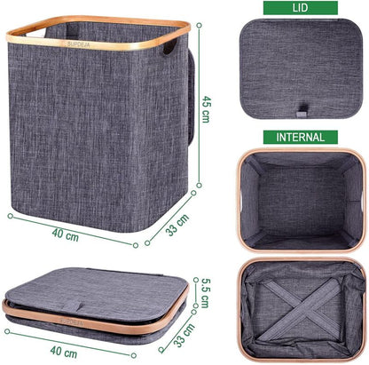 Skanto | Basket with Lid 60L, Laundry Basket with Bamboo Handle and Lid, Foldable