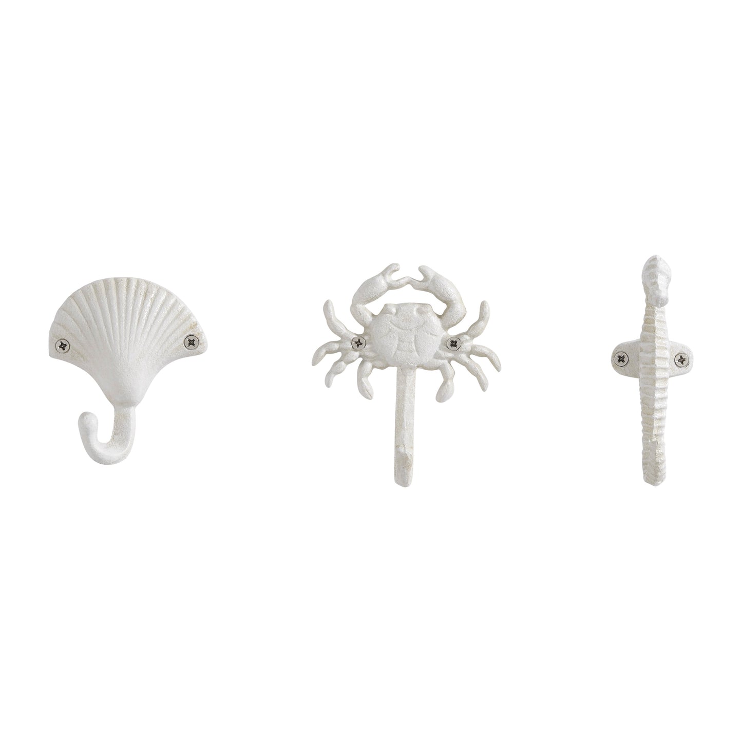 BowLift | White Cast Iron Nautical Ocean Figure Sculpture Decorative Utility Wall Hook Set of 3 - Shell, Crab, Seahorse