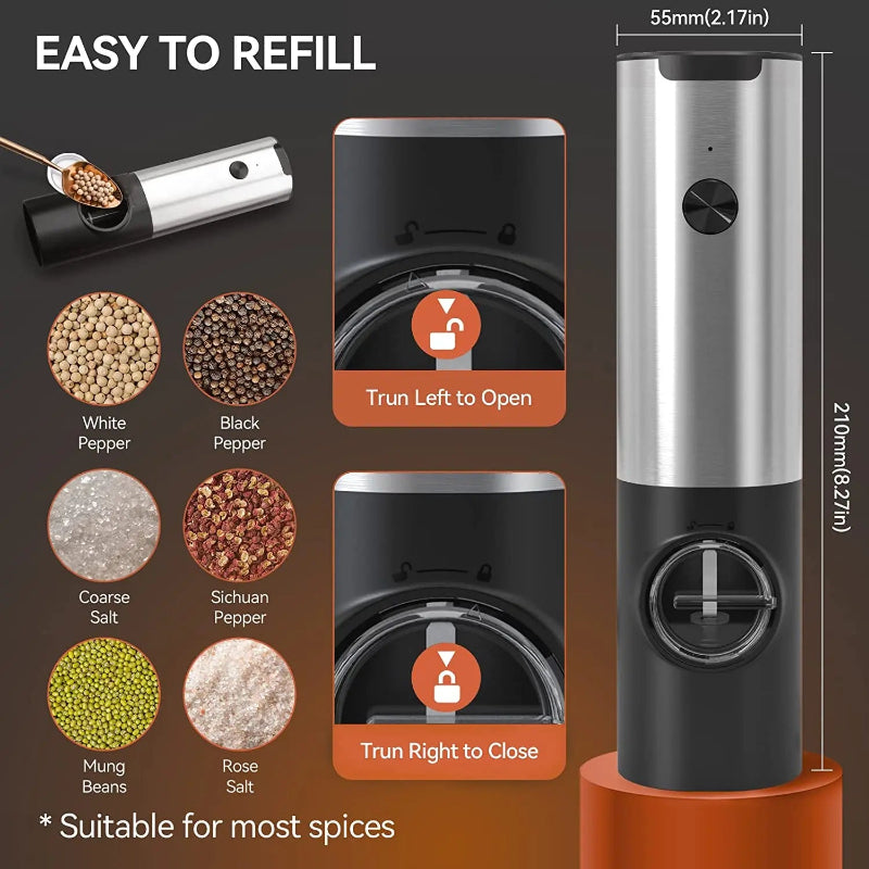 Electric Salt Pepper Grinder Set USB Rechargeable Automatic Spice Mill | Bowlift