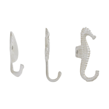 BowLift | White Cast Iron Nautical Ocean Figure Sculpture Decorative Utility Wall Hook Set of 3 - Shell, Crab, Seahorse
