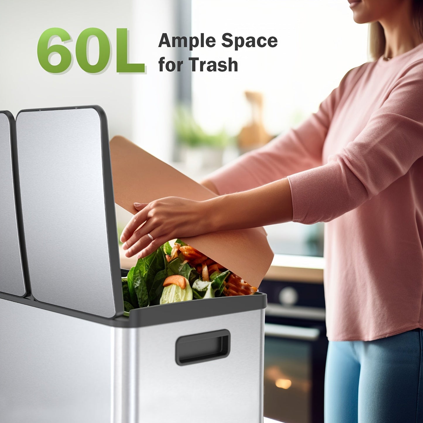 Skanto | JHK 15.85-Gal Large Capacity Silver Kitchen Bin - Modern Design, Dual Compartment Recycling, Closed Lid