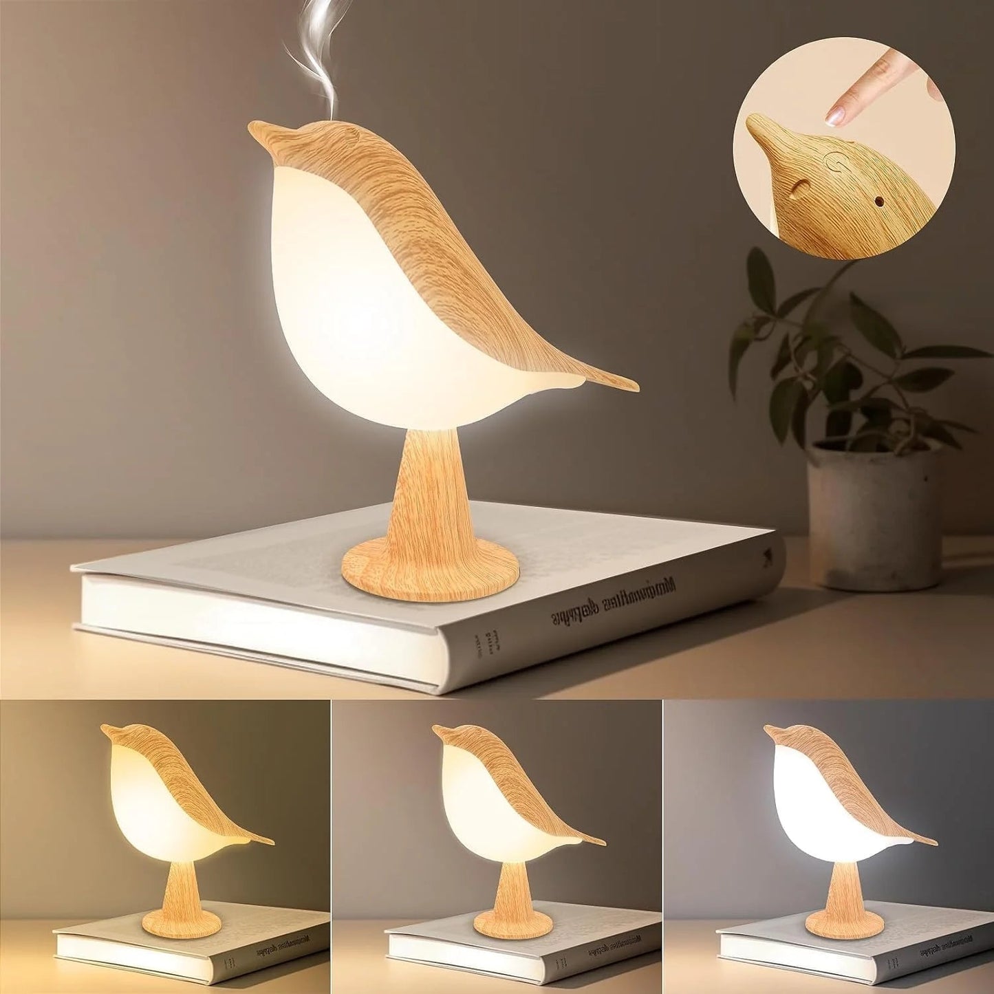 Skanto | Touch-Controlled Wooden Bird Night Light - Rechargeable LED Bedside Lamp